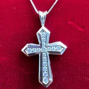 Channel Set Diamond Cross Pendant Necklace. 14K White gold 16" chain.